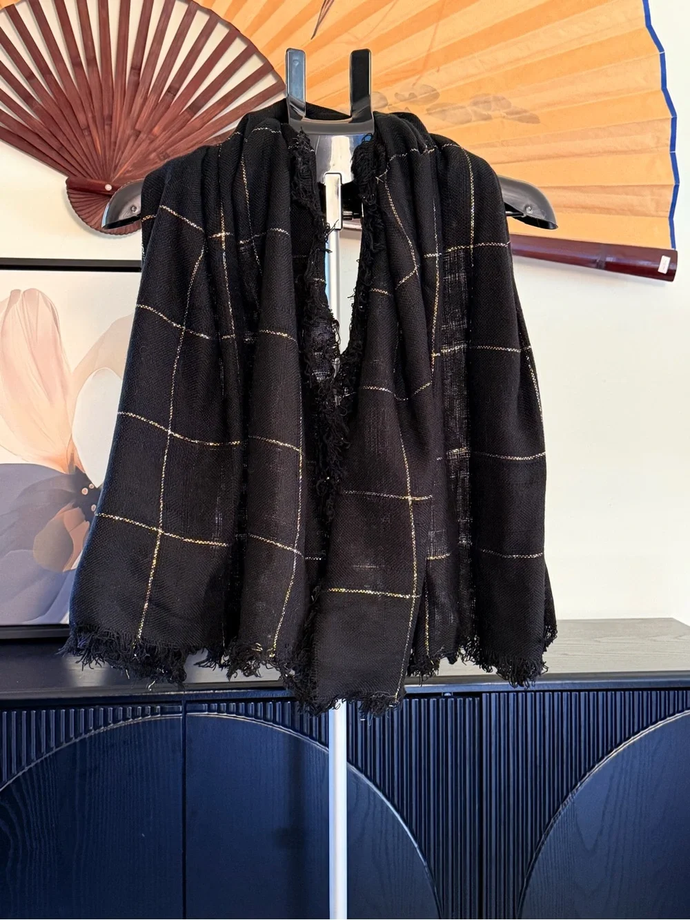 Baar & Beards Inc. Vintage 80’s Black and Gold Metallic Scarf/Wrap